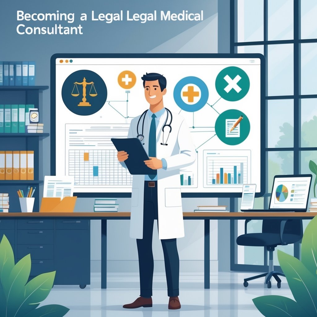 A medical consultant in a white coat stands in an office holding a clipboard, with icons representing legal and medical skills displayed on a screen behind them.