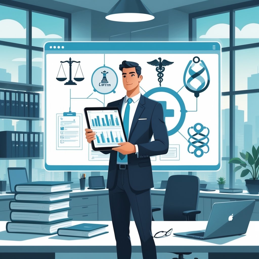 A confident consultant in business attire stands in a modern office with medical and legal symbols around, holding a tablet with charts and documents.