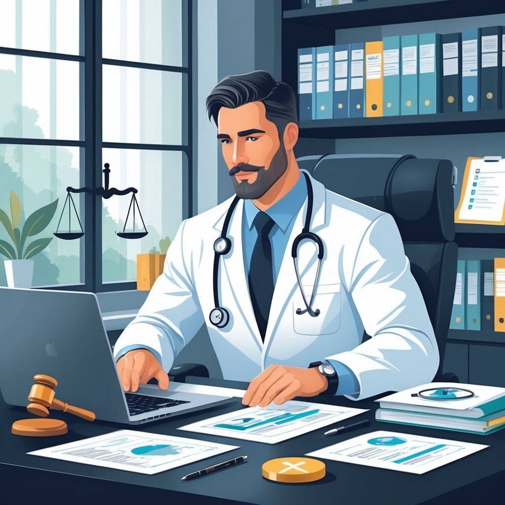 A medical consultant in a white coat working at a desk with medical and legal symbols around them in an office.