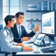 A doctor and a business professional sitting at a desk in a medical office, reviewing financial documents and charts together.