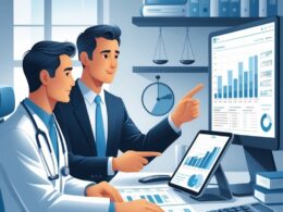 A doctor and a business professional sitting at a desk in a medical office, reviewing financial documents and charts together.