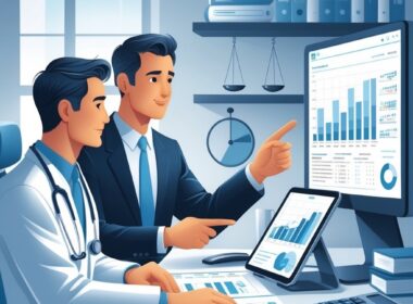 A doctor and a business professional sitting at a desk in a medical office, reviewing financial documents and charts together.