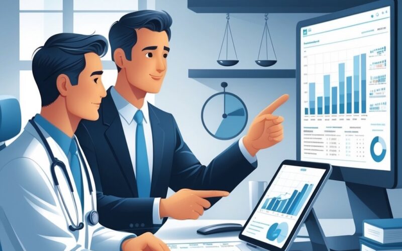 A doctor and a business professional sitting at a desk in a medical office, reviewing financial documents and charts together.