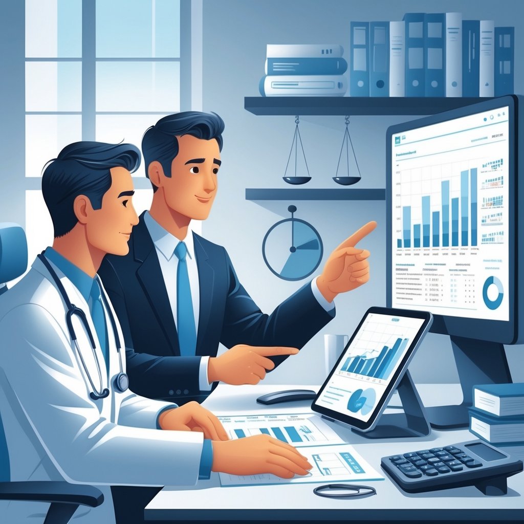 A doctor and a business professional sitting at a desk in a medical office, reviewing financial documents and charts together.