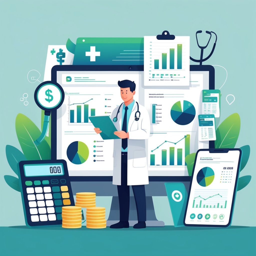 A doctor in a medical office reviewing financial documents and charts with symbols of money and healthcare around.