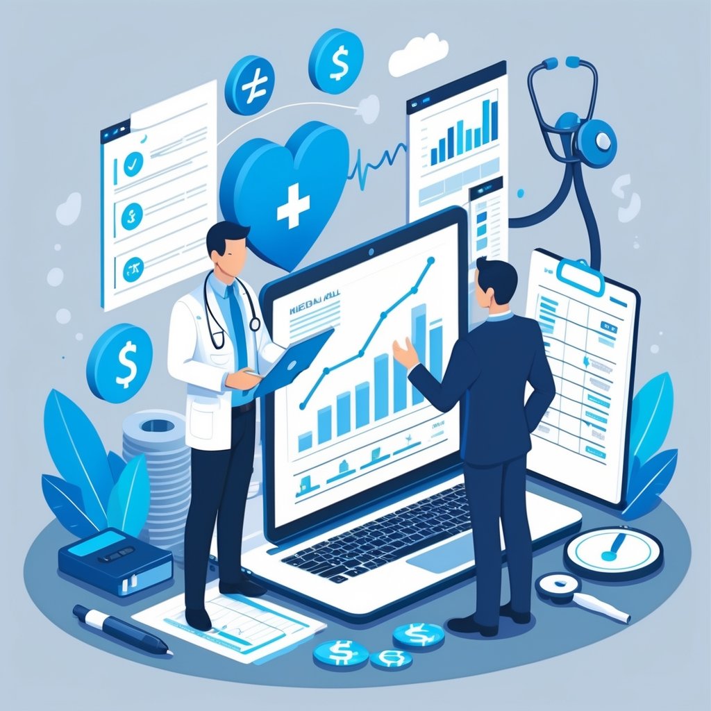 A doctor and financial advisor reviewing documents and charts in a medical office, surrounded by symbols of medical practice valuation like a calculator, stethoscope, and financial reports.