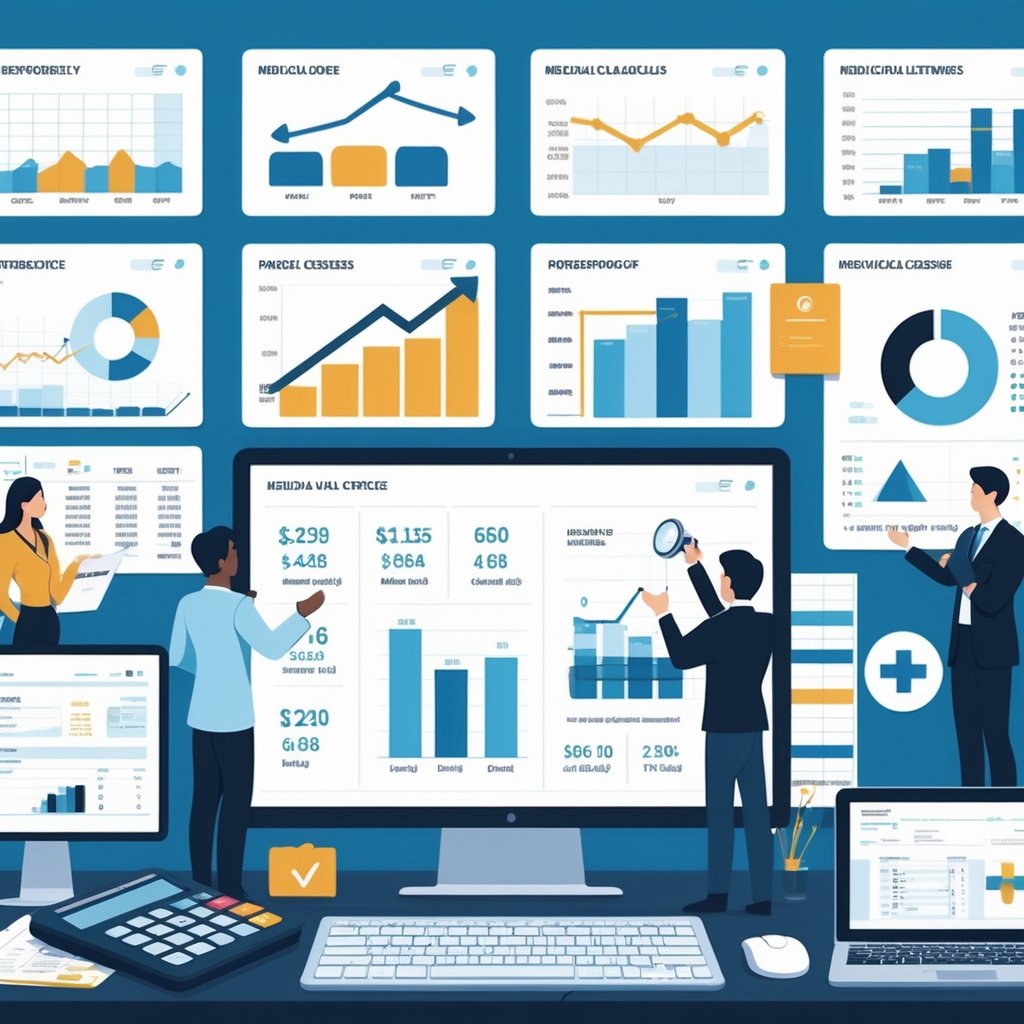 A group of professionals in an office analyzing financial and operational data related to a medical practice using charts, graphs, a calculator, and a laptop.