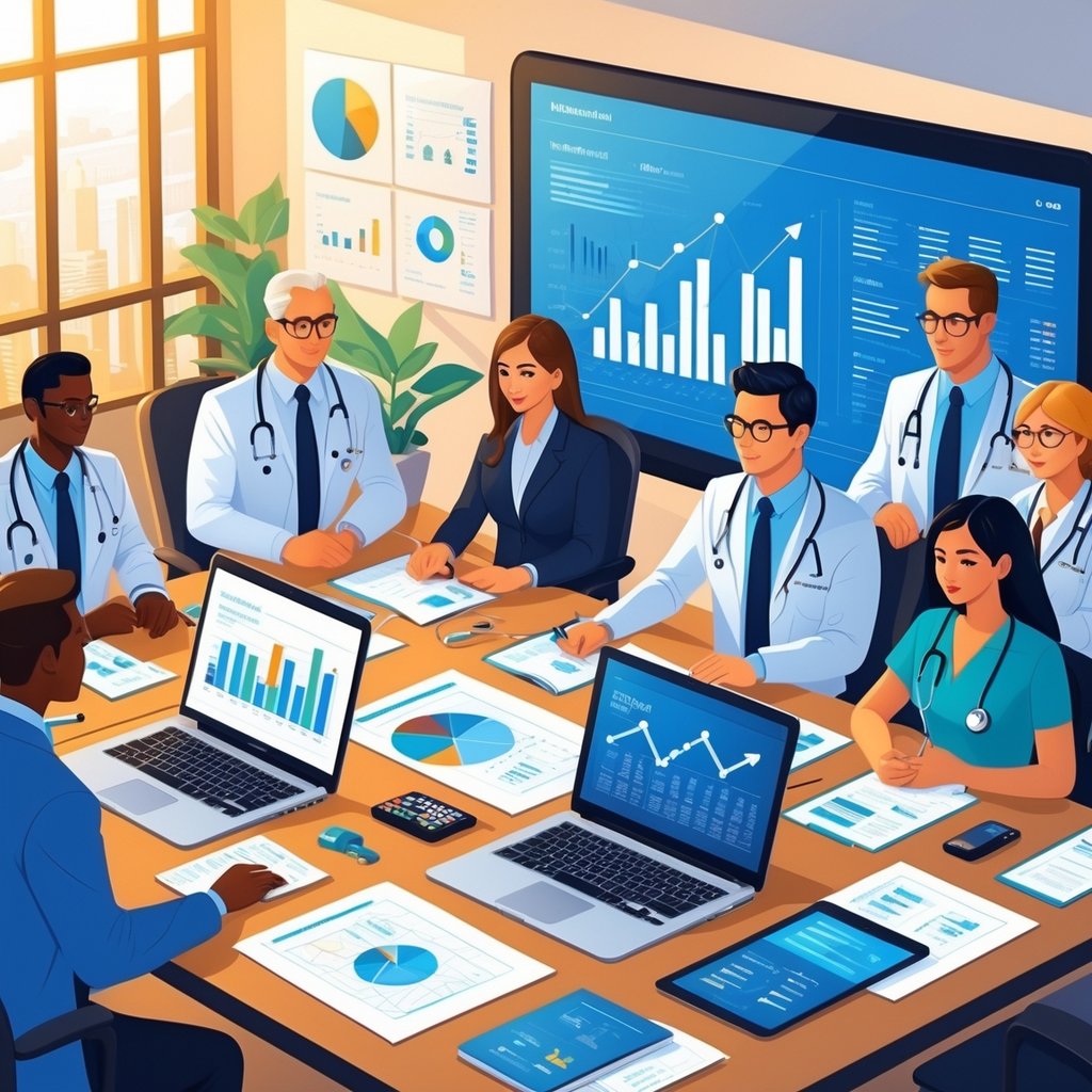 A group of professionals in a medical office working together with laptops, reports, and medical tools to estimate the value of a medical practice.