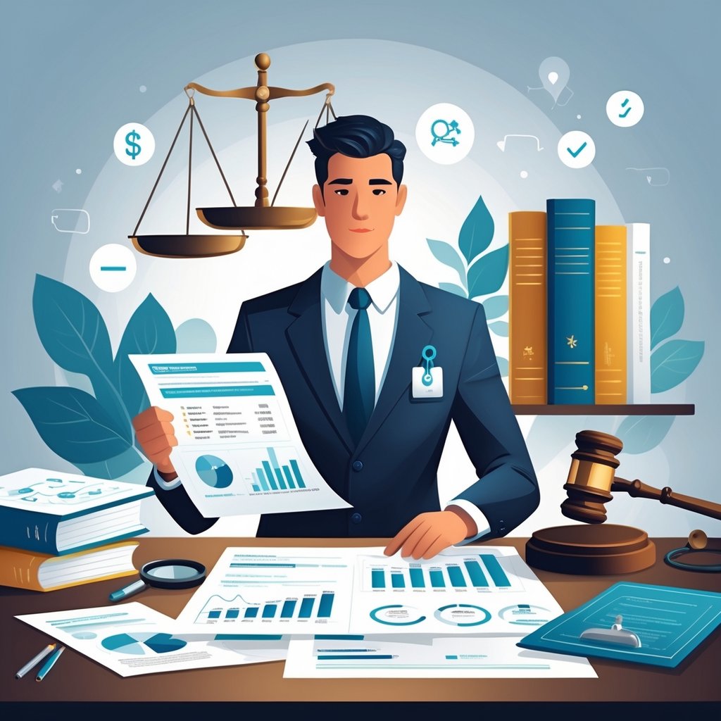 A business professional reviews documents and financial charts at a desk with medical equipment nearby, a balanced scale, legal books, and a gavel in the background symbolizing legal and ethical considerations in valuing a medical practice.