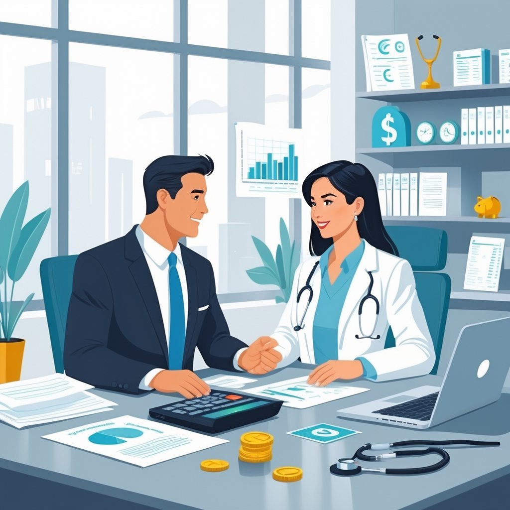 A business professional and a doctor discuss financial documents at a desk in a modern medical office.