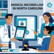 A doctor, lawyer, and patient discussing medical records in an office with a North Carolina flag in the background.