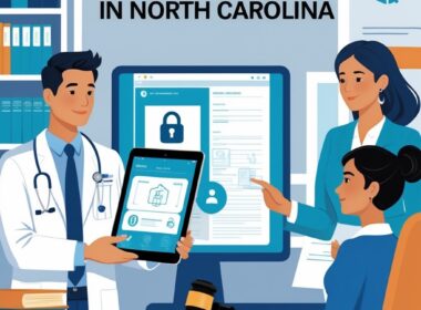 A doctor, lawyer, and patient discussing medical records in an office with a North Carolina flag in the background.