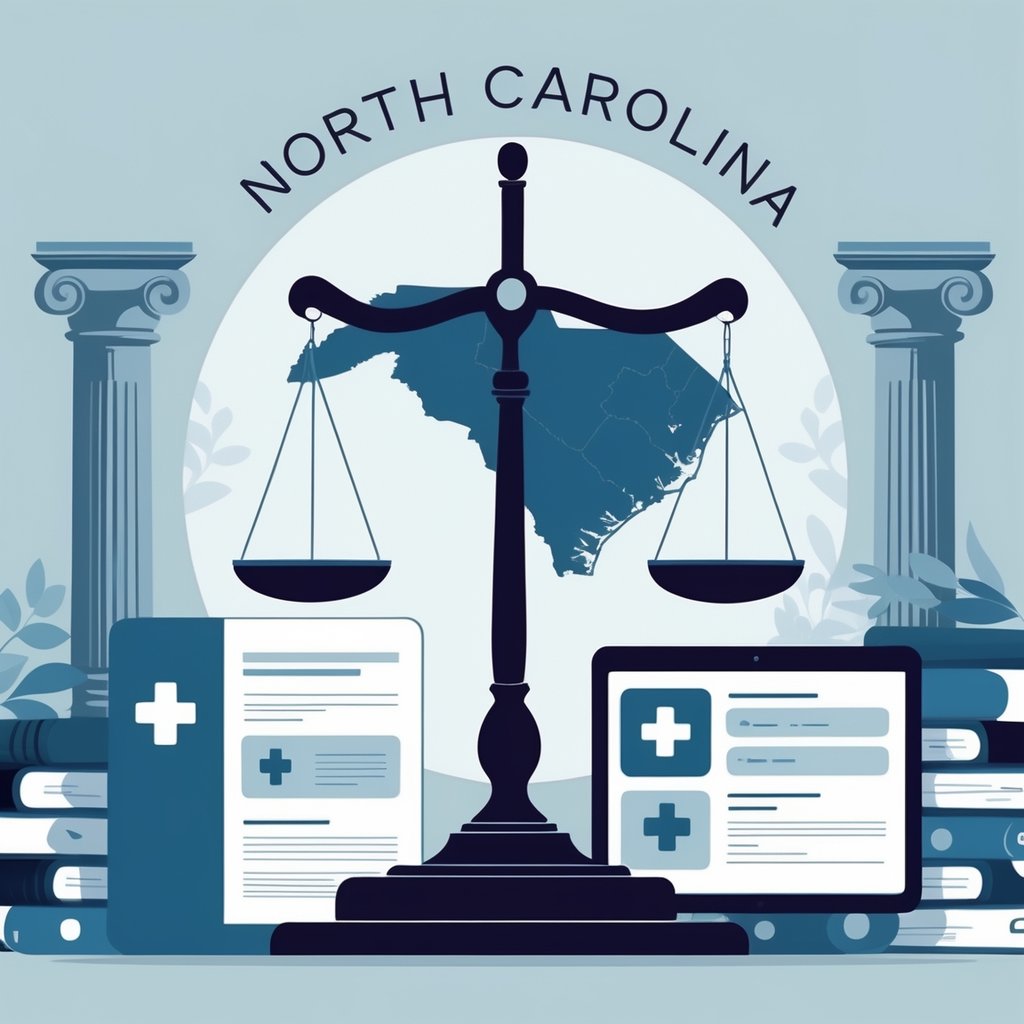 A balanced scale in front of an outline of North Carolina, surrounded by medical records and legal symbols representing laws about medical records.