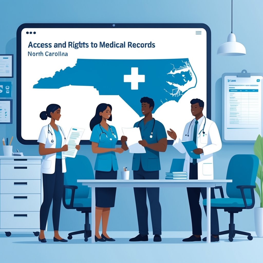 A patient, healthcare provider, and legal advisor discussing medical records in a medical office with a digital map of North Carolina in the background.