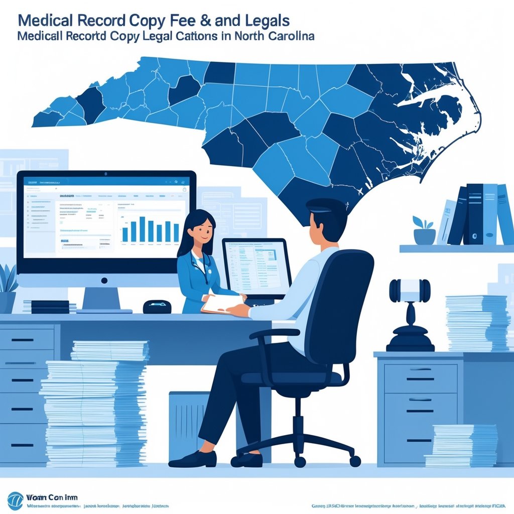 A healthcare professional reviews medical records at a desk with a computer, papers, and a calculator, with a North Carolina map and legal symbols in the background.