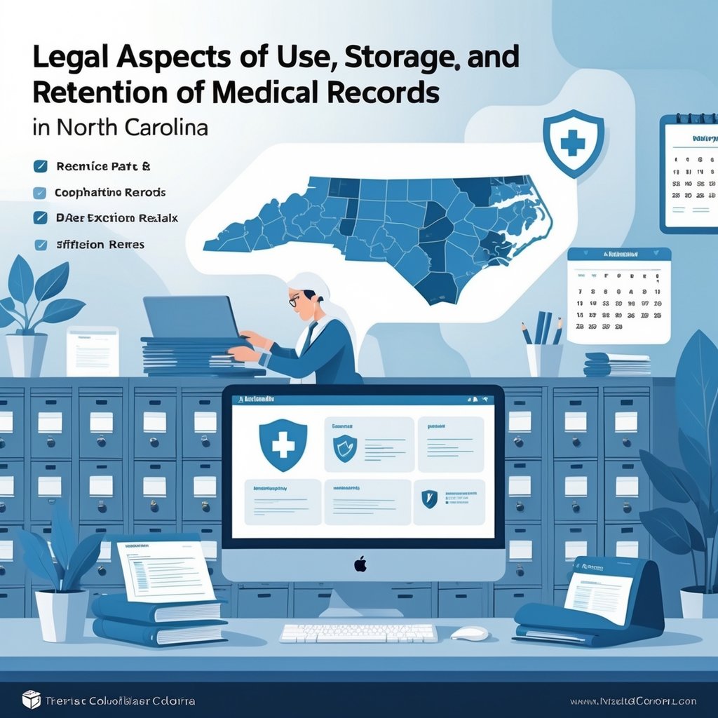 A healthcare professional managing patient medical records securely in a medical office, with locked filing cabinets, a calendar, and a faint outline of North Carolina in the background representing legal compliance.
