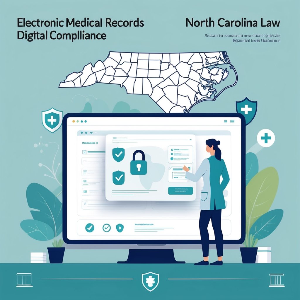 A healthcare professional using a tablet to access electronic medical records in a medical office with symbols of data security and a subtle outline of North Carolina in the background.