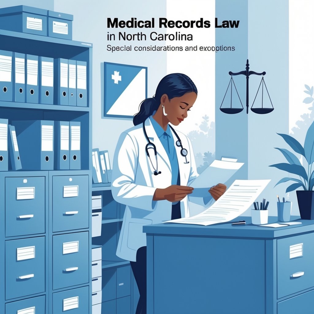 A healthcare professional reviewing confidential medical records in an office with symbols representing North Carolina and legal justice.
