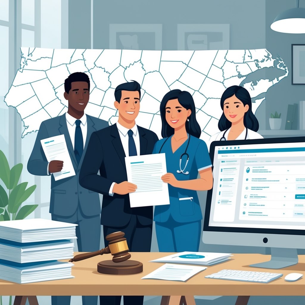 A lawyer and a healthcare worker standing together in an office with medical records and a map of North Carolina in the background.