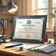 A medical certificate on a desk surrounded by a stethoscope, pen, and clipboard with documents.