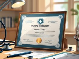 A medical certificate on a desk surrounded by a stethoscope, pen, and clipboard with documents.