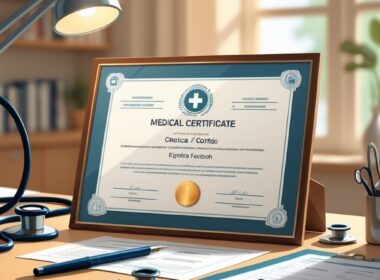 A medical certificate on a desk surrounded by a stethoscope, pen, and clipboard with documents.