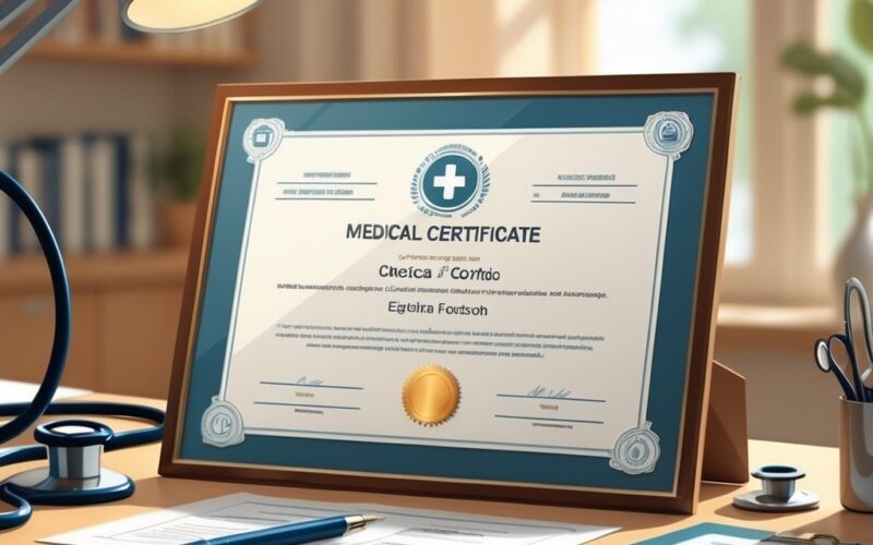 A medical certificate on a desk surrounded by a stethoscope, pen, and clipboard with documents.