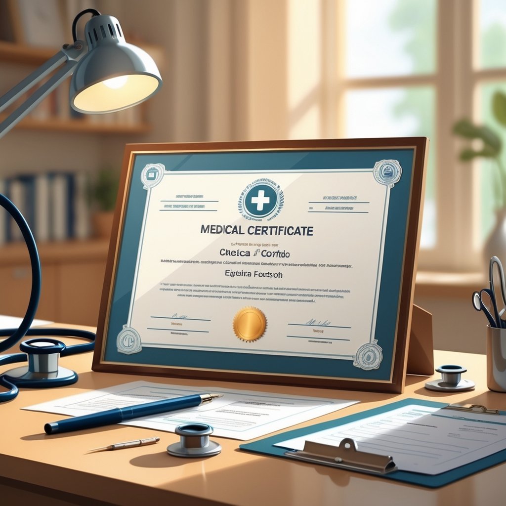 A medical certificate on a desk surrounded by a stethoscope, pen, and clipboard with documents.