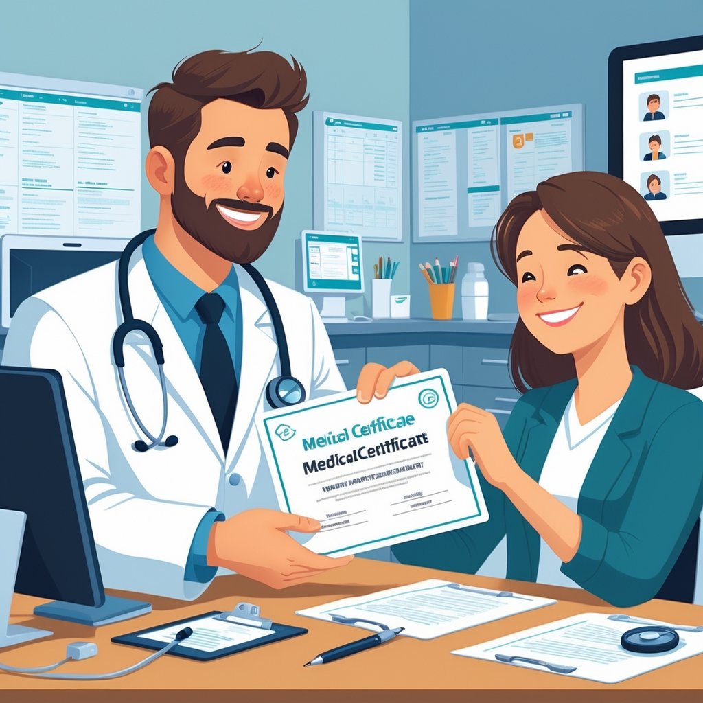 A doctor handing a medical certificate to a patient in a medical office.