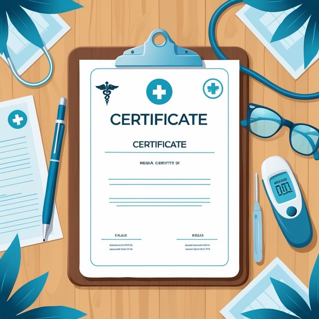 A medical certificate on a clipboard with medical tools like a pen, eyeglasses, and thermometer on a wooden desk.