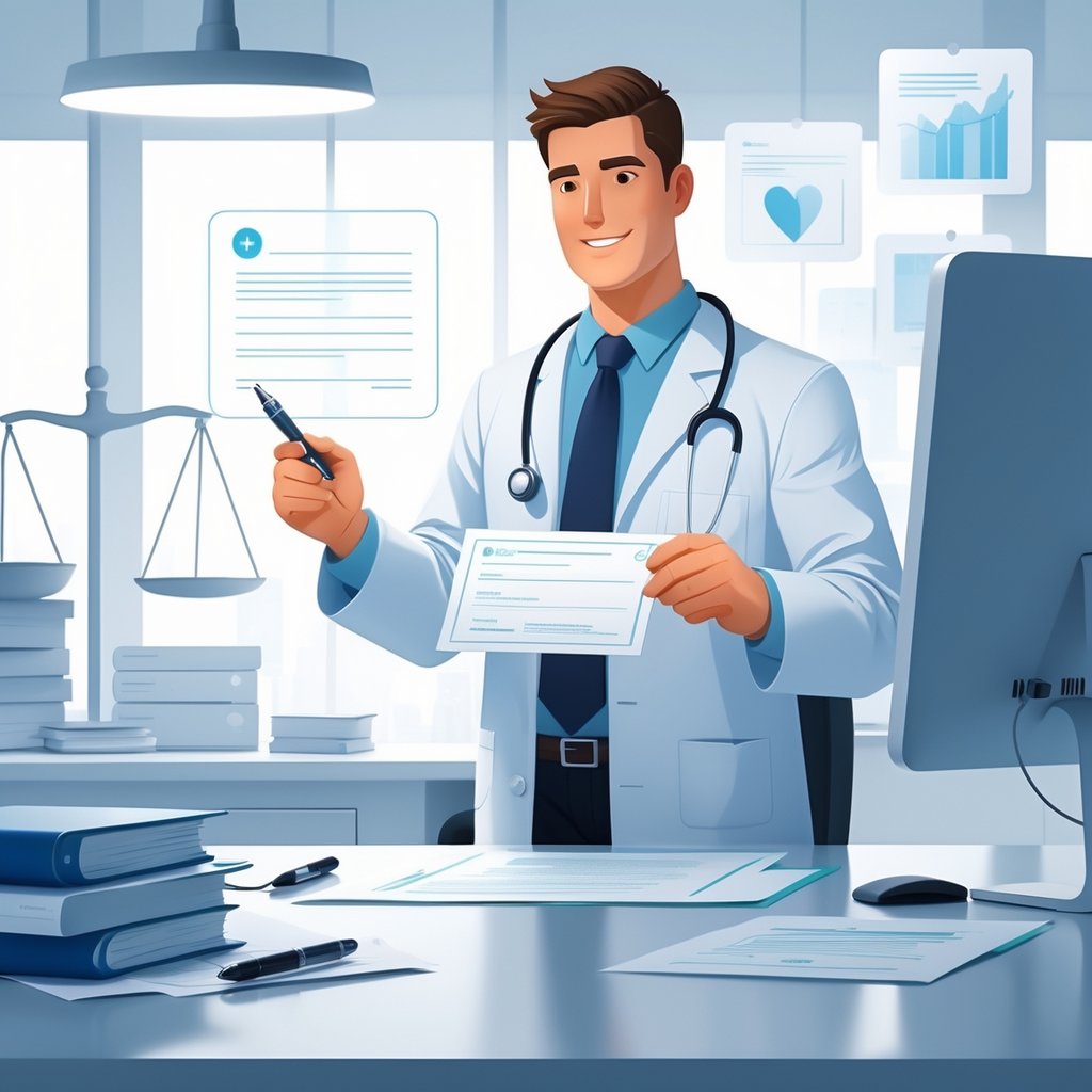 A doctor in a medical office holding a medical certificate and pen, with symbols of law and medicine in the background.