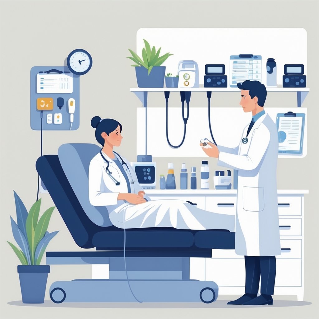 A doctor examining a patient in a medical office with medical instruments visible in the background.