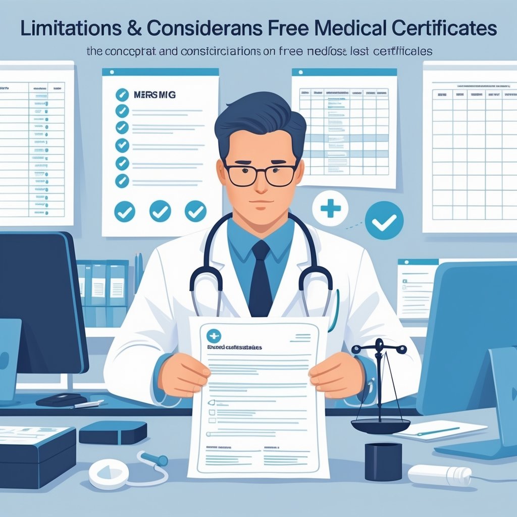 A doctor in a medical office reviewing a medical certificate with symbols representing caution and evaluation around them.