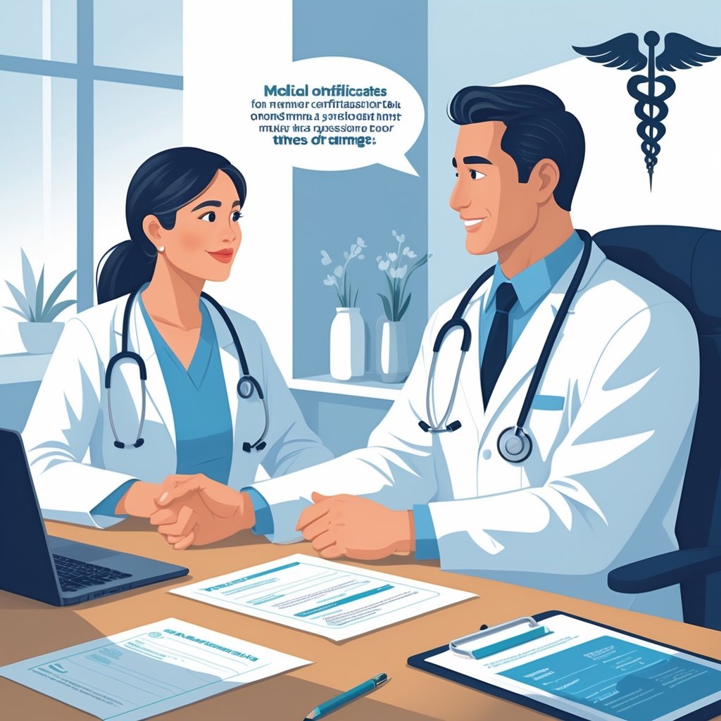 A doctor and patient sitting at a desk during a medical consultation in a clinical setting.
