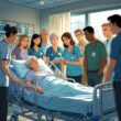 An elderly patient in a hospital bed surrounded by confused family members and medical staff discussing care decisions.