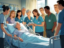 An elderly patient in a hospital bed surrounded by confused family members and medical staff discussing care decisions.