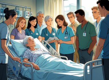 An elderly patient in a hospital bed surrounded by confused family members and medical staff discussing care decisions.