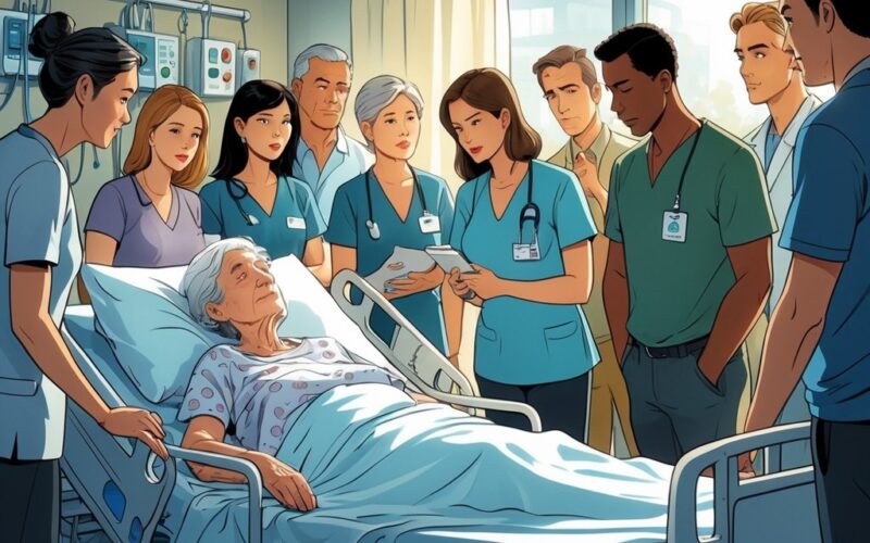 An elderly patient in a hospital bed surrounded by confused family members and medical staff discussing care decisions.
