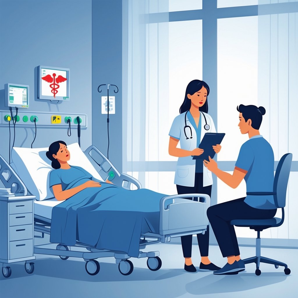 A patient in a hospital bed with a family member holding their hand and a doctor talking to the family member, illustrating medical decision-making support.