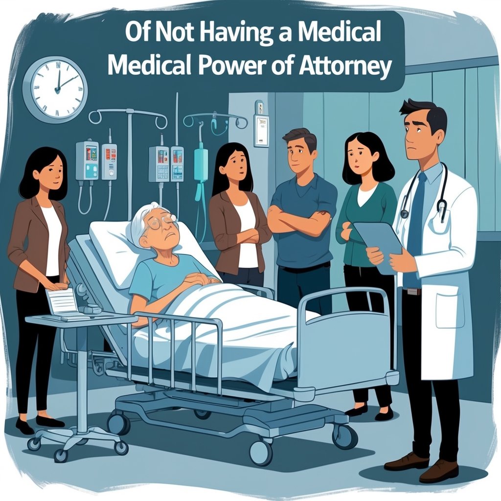 An elderly patient in a hospital bed with worried family members and a doctor looking uncertain, conveying the stress and complications of not having a medical power of attorney.