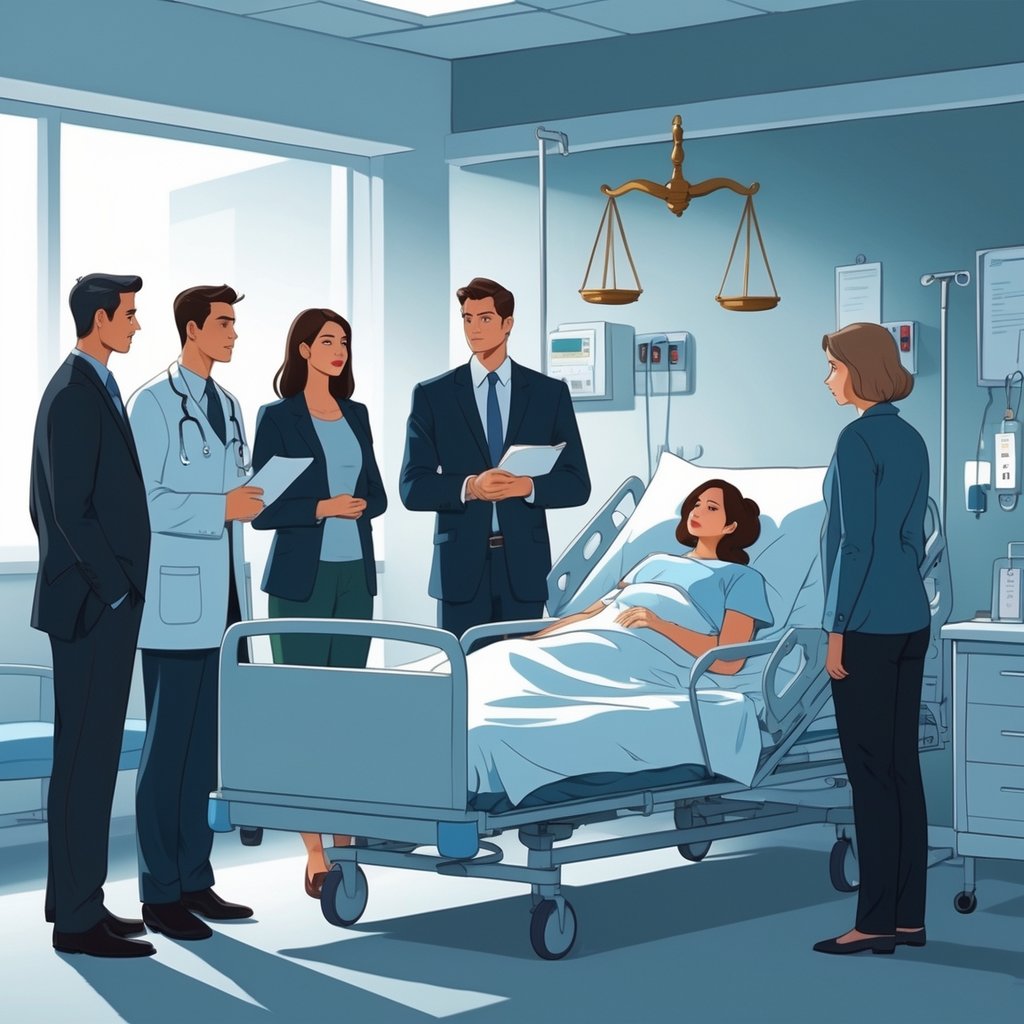 A family in a hospital room talking with a doctor and a lawyer about legal decisions, with a judge's gavel and legal scales shown in the background.