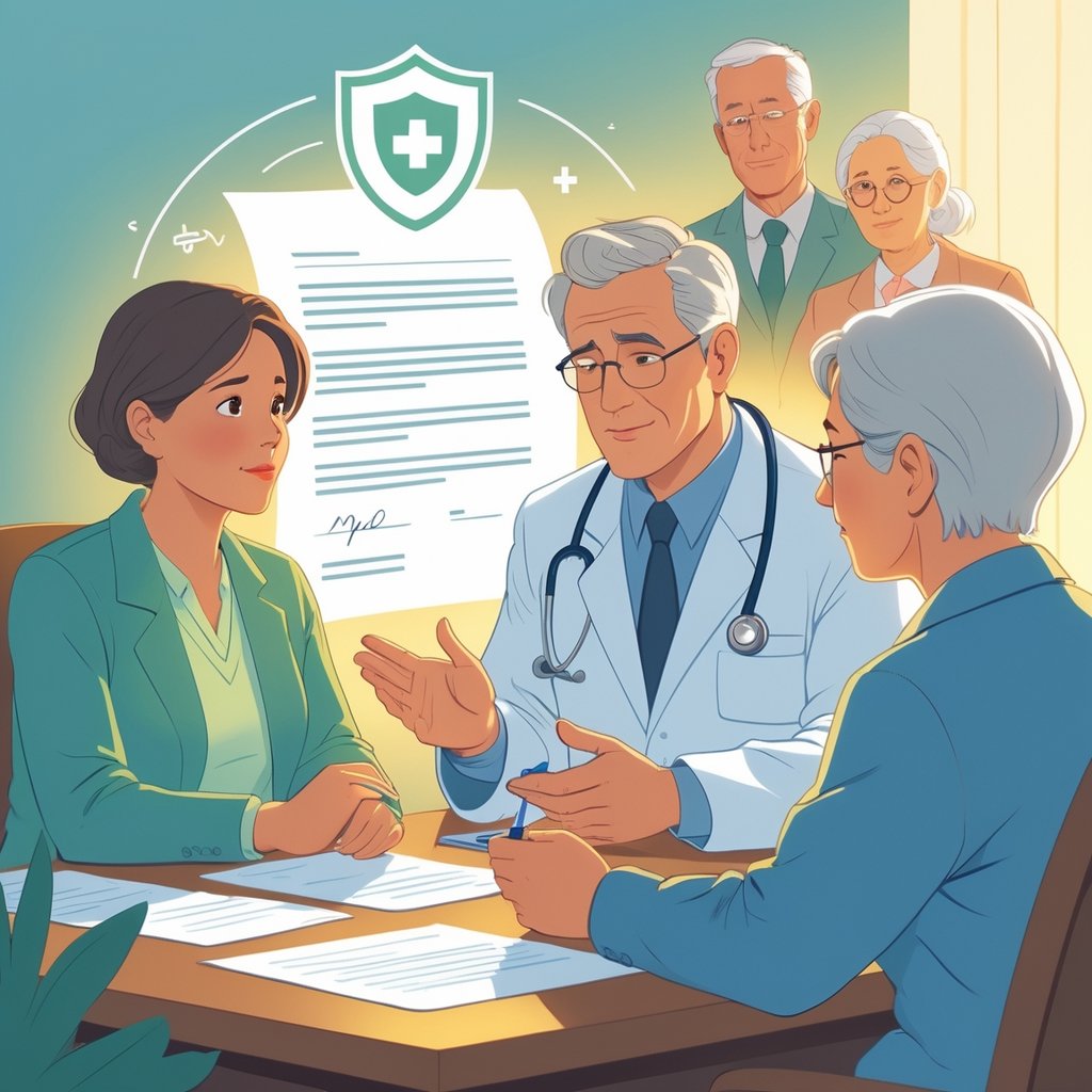 A family and a healthcare professional discussing medical decisions at a table, with a shield symbol and legal document outlines in the background, showing concern and care.