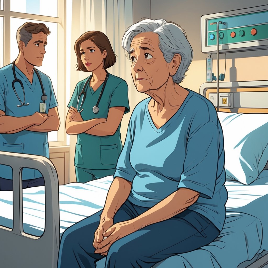 An elderly person sitting alone in a hospital room looking thoughtful while a medical professional talks with a worried family member nearby.