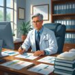 A medico-legal professional reviewing documents at a desk in an office with bookshelves and certificates in the background.