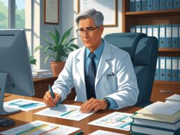 A medico-legal professional reviewing documents at a desk in an office with bookshelves and certificates in the background.