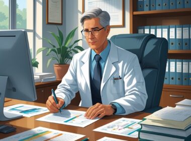 A medico-legal professional reviewing documents at a desk in an office with bookshelves and certificates in the background.