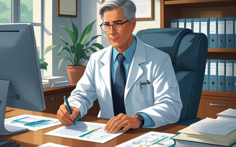 A medico-legal professional reviewing documents at a desk in an office with bookshelves and certificates in the background.