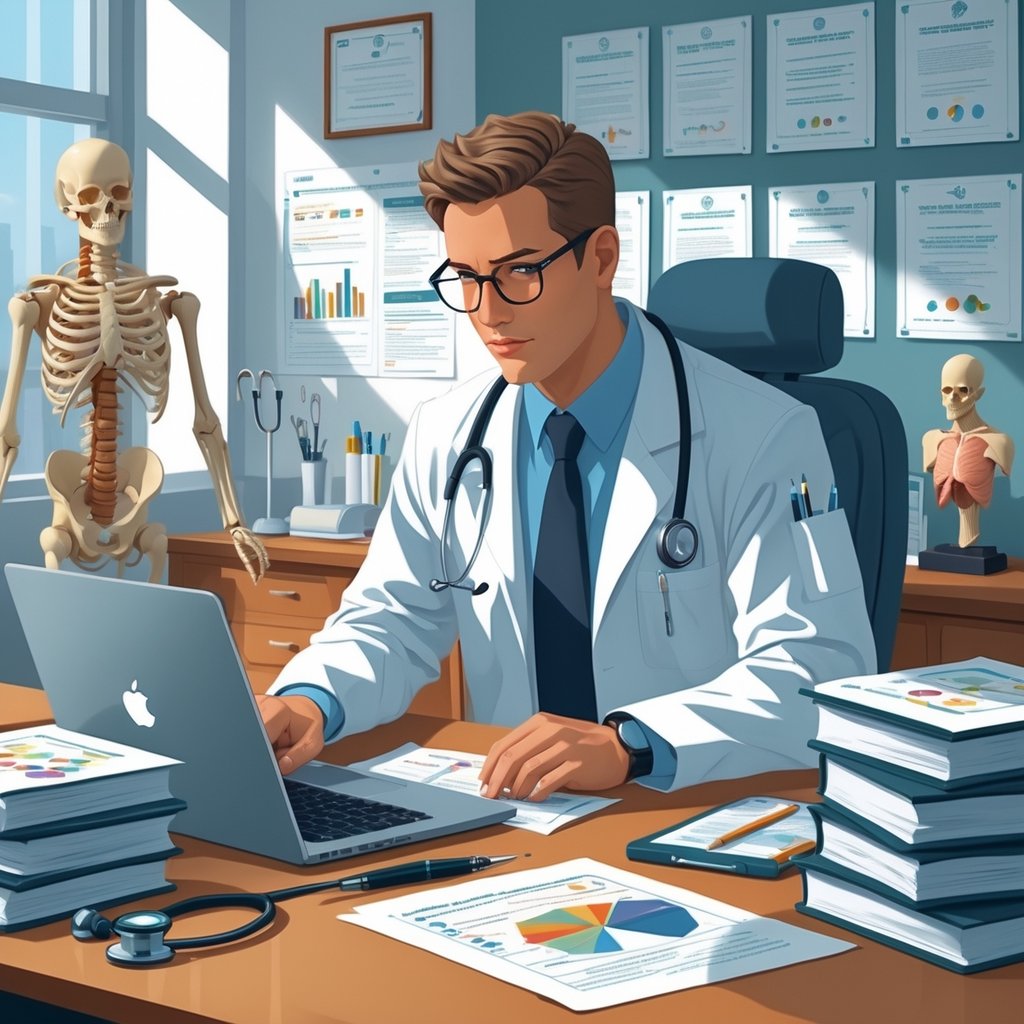 A medical professional in a white coat reviewing documents and legal papers at a desk in a medical office with medical tools and certificates on the wall.