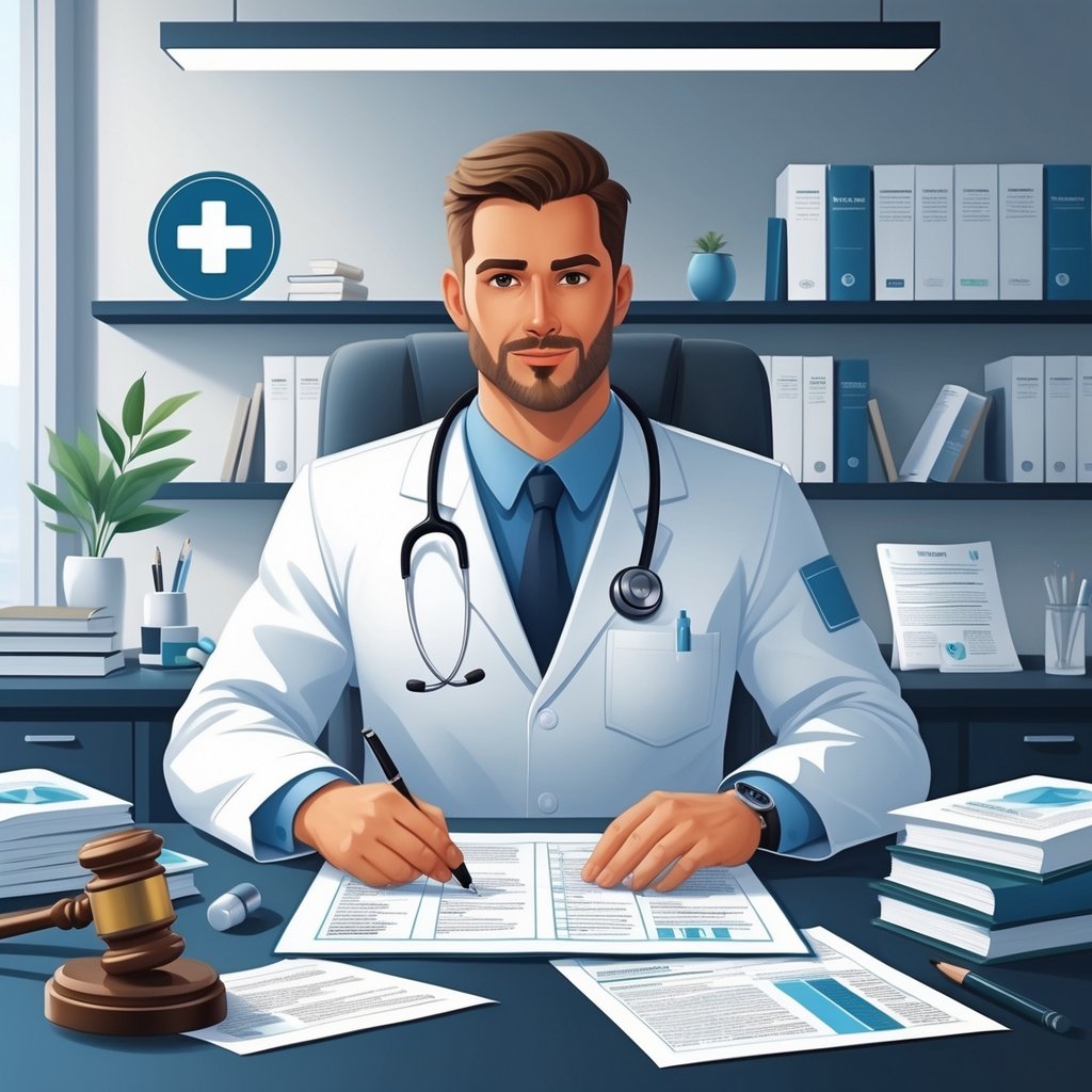A medical professional in a white coat reviews documents at a desk with medical and legal items around them.
