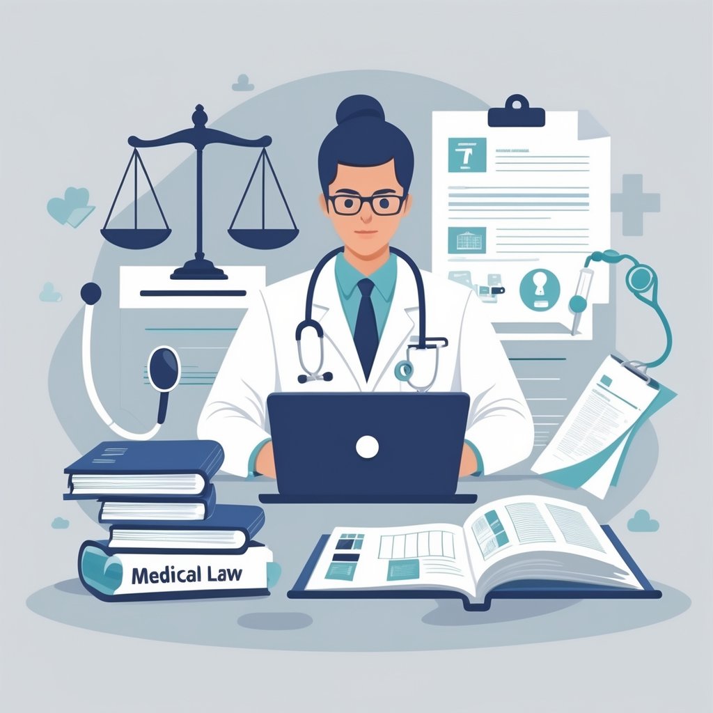 A medical professional at a desk reviewing documents with medical and legal symbols around, representing the process of writing a medico-legal report.